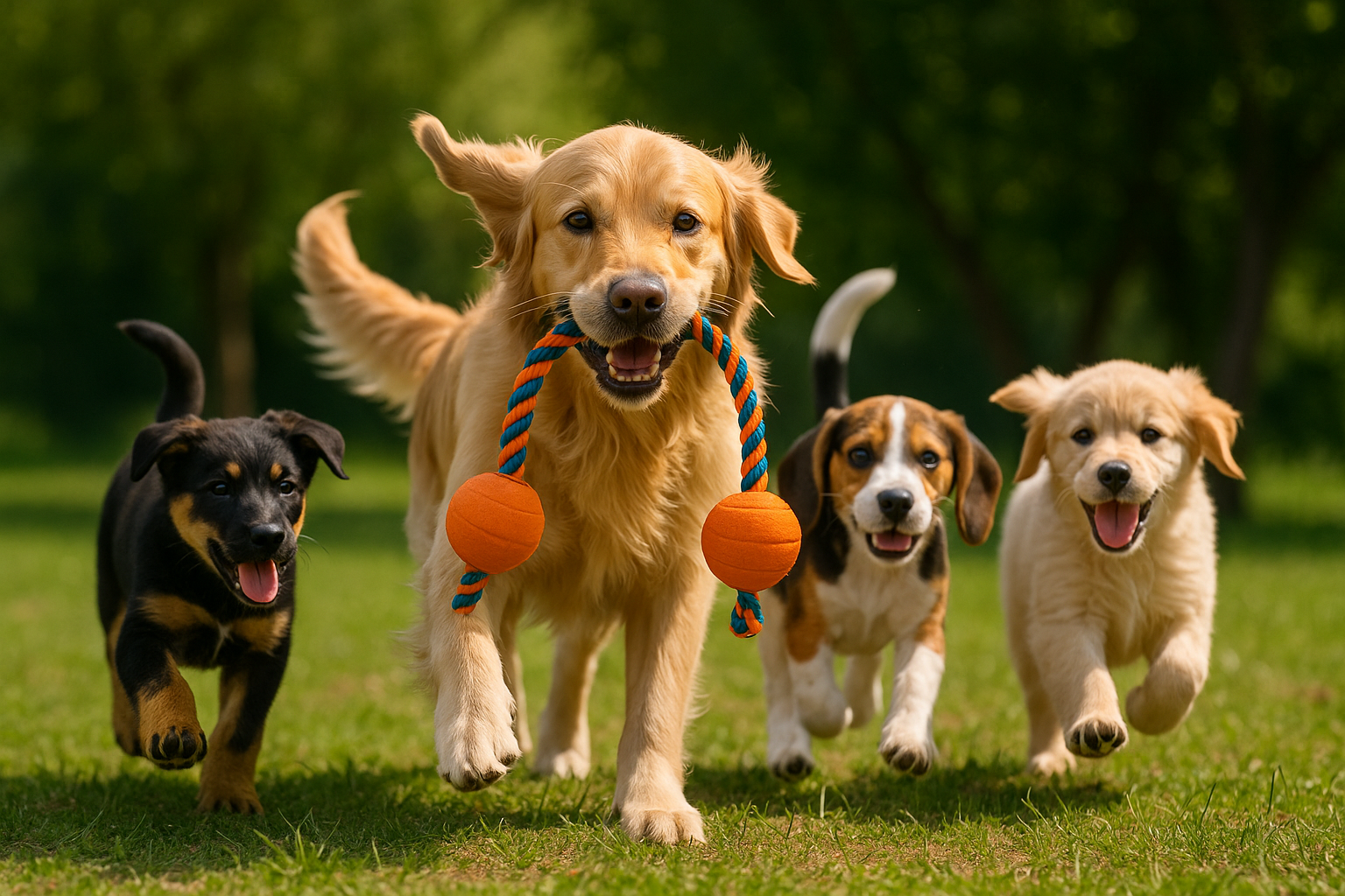 Dogs and puppies running with a toy
